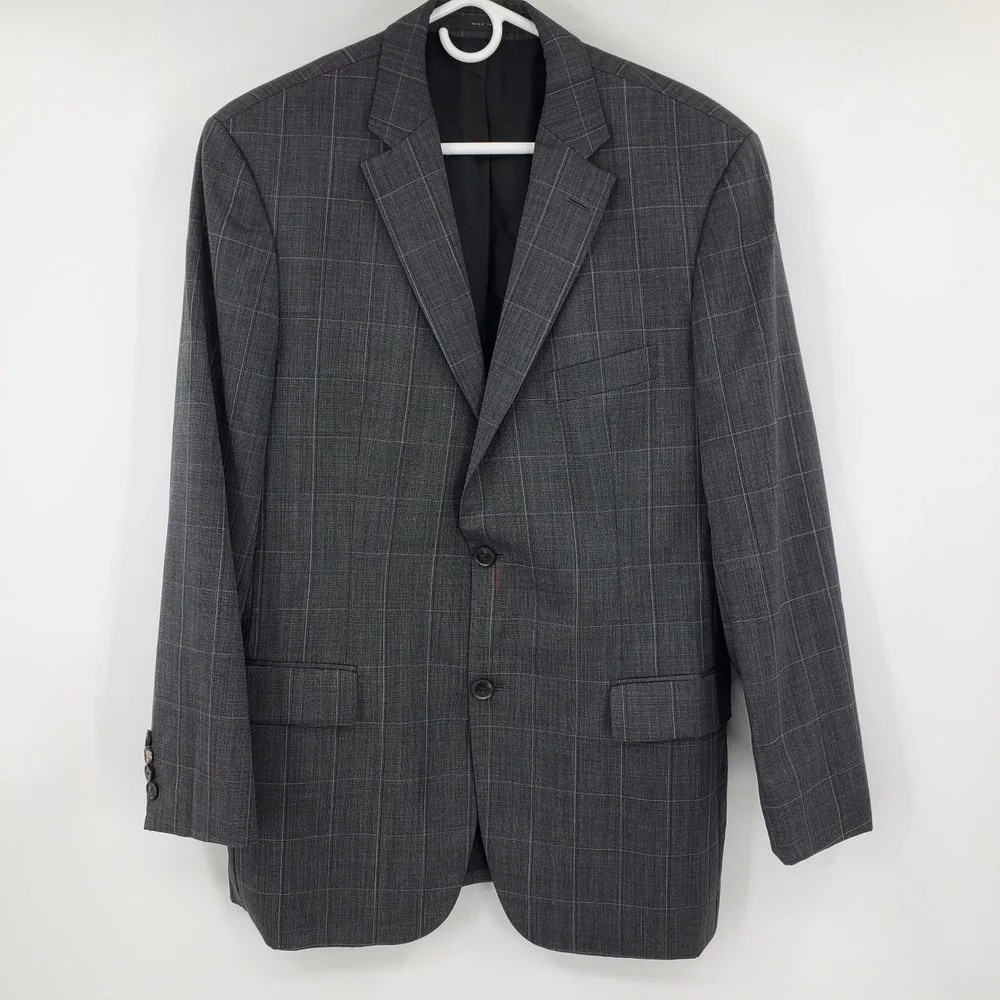 Hugo Boss Mens 40R Grey‎ Windowpane Virgin Wool Blazer Sport Coat Paolini/Movio